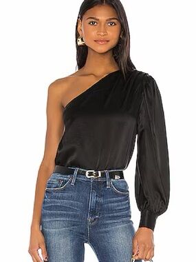 Frame Denim One-Shoulder Black Satin Blouse